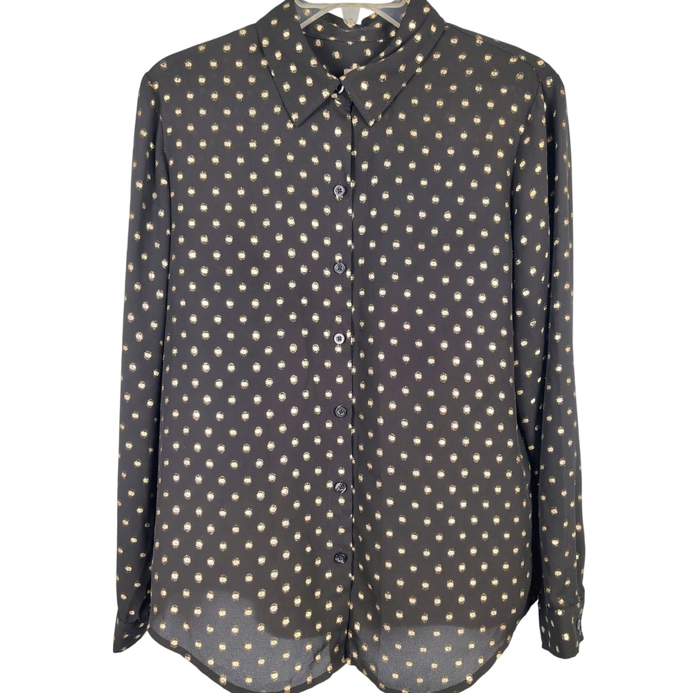 Chicos Womens SZ 1 Metallic Polka Dot Button Down Black Gold Office Glam Blouse